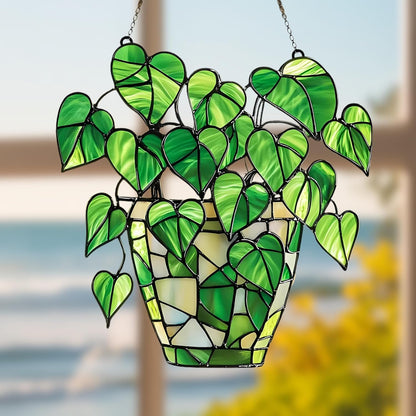 Pothos Acrylic Suncatcher Stained Glass Effect Window Car Hanging Christmas Ornament Indoor Outdoor Decor Garden Sun Catcher Panel Gifts for Nature Lover for Women Mom Grandma