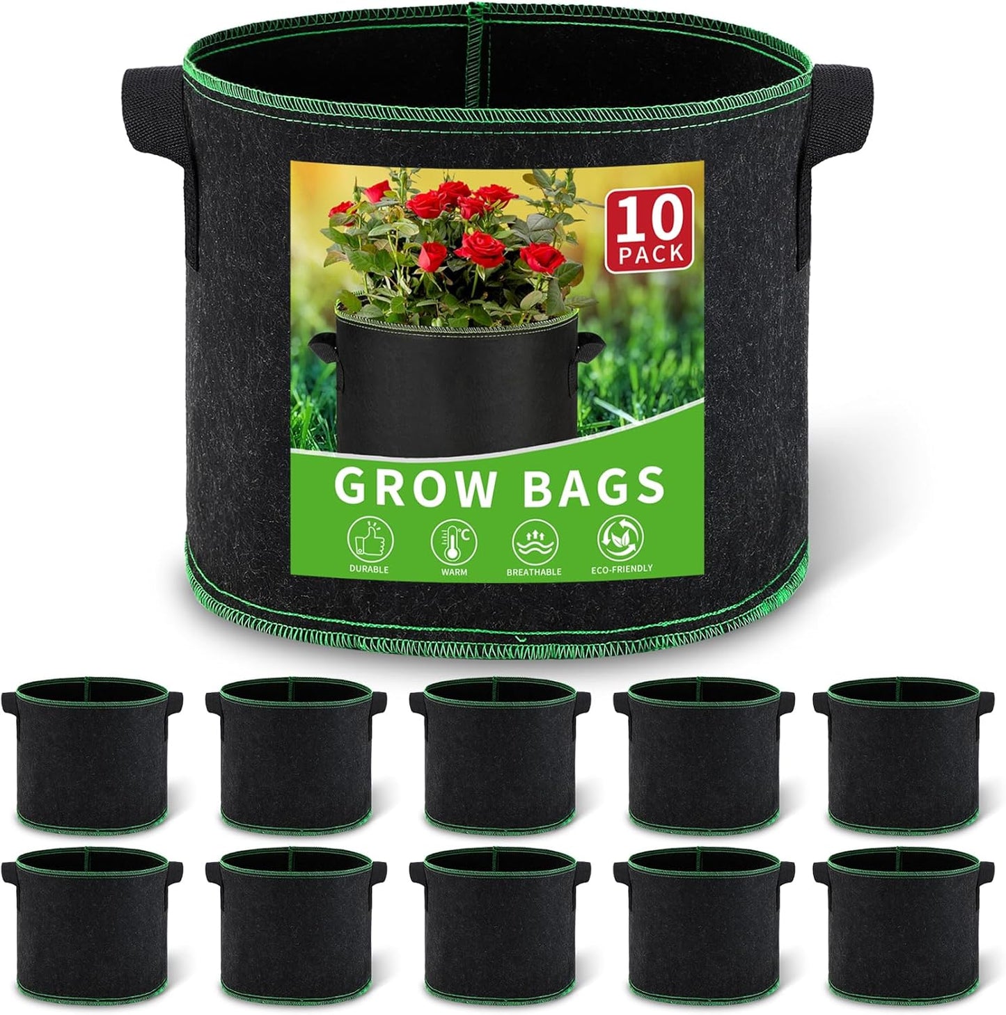 5 Gallon Grow Bags, 10 Pack Heavy Duty Aeration Fabric Pots,Thickened Nonwoven Fabric Pots with Handles,Reusable Plant Bags for Vegetable, Fruits, Flowers, Plants