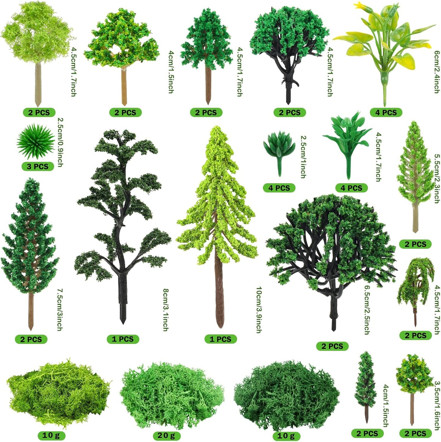 36 Pcs Green Mixed Model Trees with 40g Moss, Diorama Trees Grass Mini Fake Miniature Trees Moss for Building Model, Model Train Scenery, Natural Green Landscape, Railroad Scenery