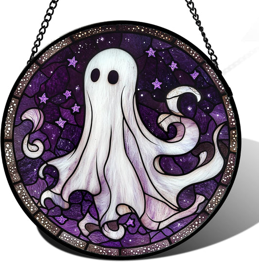 Stained Glass Window Hanging - Halloween Decorations White Ghost Purple Stars Suncatcher for Doors
