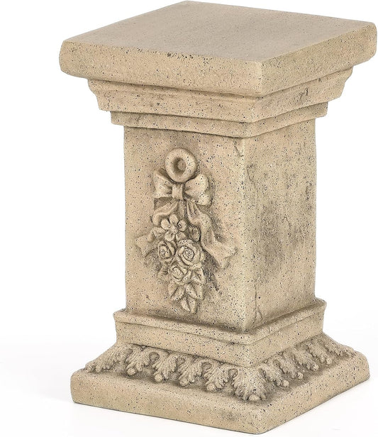 19" Tall Garden Pedestal Stand with Bow Design, Heavy Duty Plinth, Weatherproof Outdoor Pedestal for Sculptures, Flower Pots, or Use as Side Table - Durable Magnesium Oxide Material
