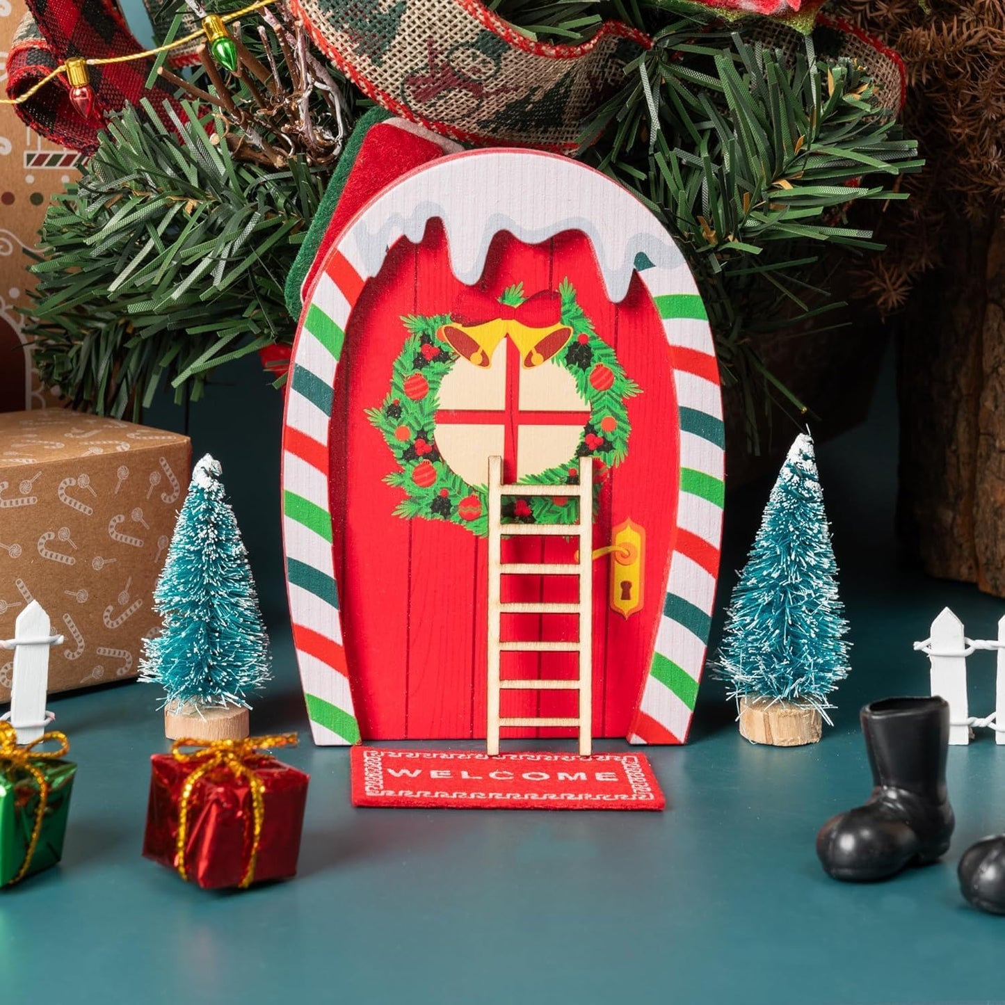 Haooryx 10Pcs Christmas Magic Miniature Tiny Fairy Wooden Doors Decorative Accessories, Welcome to Dollhouse Mini Entry for Fairies Magical Door Christmas Decorations Xmas Decor