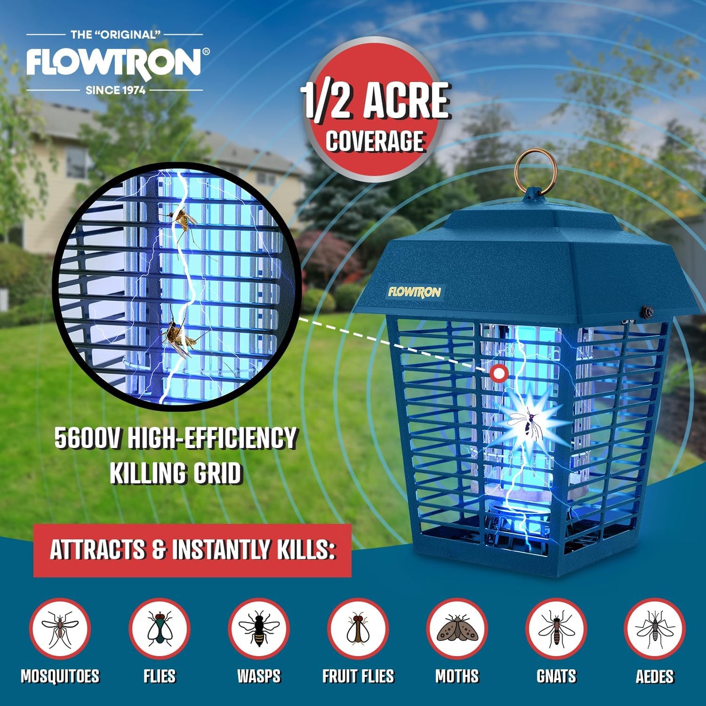 Flowtron Electric Bug Zapper 1/2 Acre Outdoor Insect Control with Dual Lure Method, 15W UV Light & Octenol Attractant for Fly & Mosquito, 5600V Kill Grid, Made in USA, UL Certified - Blue Color