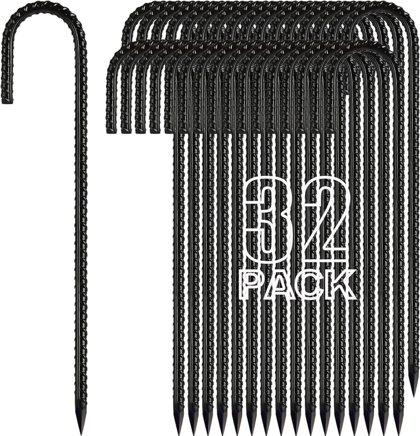 Kadrick 32-Pack Rebar Stakes 12 inch，J Hook Ground Stakes Anchors, Black Galvanized Fence Stakes,Heavy Duty 5/16'' Diameter