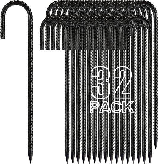 Kadrick 32-Pack Rebar Stakes 12 inch，J Hook Ground Stakes Anchors, Black Galvanized Fence Stakes,Heavy Duty 5/16'' Diameter