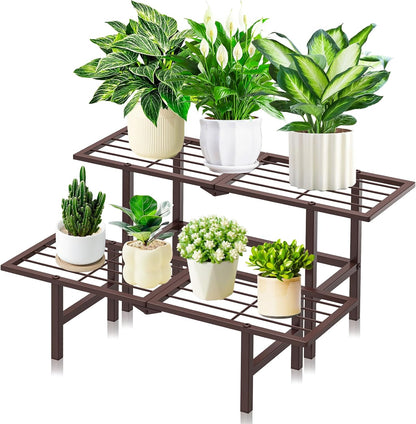 Plant Stand Indoor Outdoor, 2-Tier Foldable Metal Ladder Plant Stands, Stackable Metal Plant Shelf Decorative Flower Pot Holder Display Rack for Garden Living Room Patio,Brown
