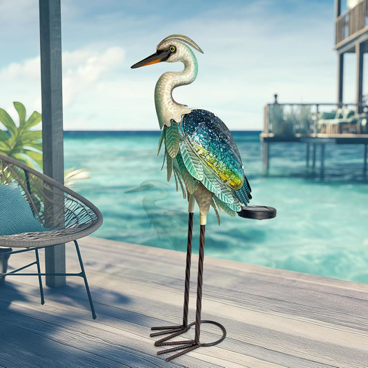 HONGLAND Solar Heron Metal Crane Statue Garden Heron Sculpture, Glass Outdoor Crane Yard Art