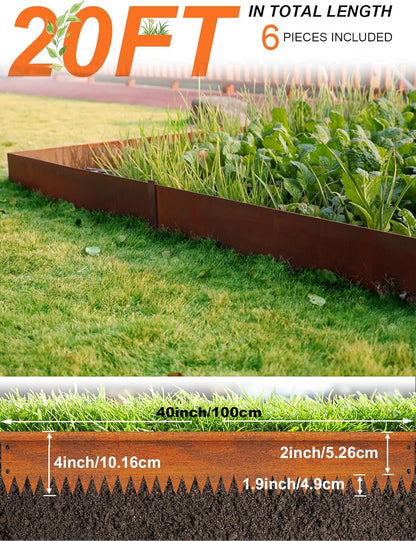 Vinci Landscape Edging Border, 40" L x 4" H 6Pack 20FT Total Rusted Corten Steel Garden Edging with Spikes, Sturdy Elegant Metal Lawn Broder for Flower Beds, Pathways, Paver Edges and Yard