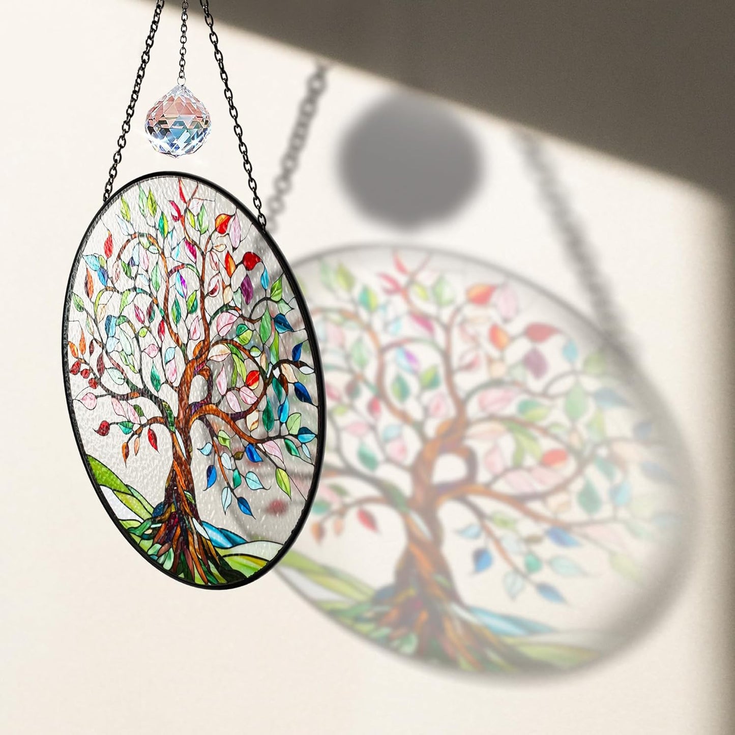 6" Tree of Life Stained Glass Suncatcher for Window, Handcrafted Boho Sun Catcher Decor, Spiritual Nature Ornament Gift for Women, Meditation Garden Home Office Wall Hanging Decoration
