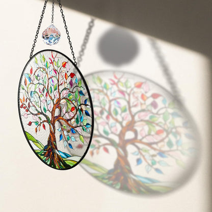 6" Tree of Life Stained Glass Suncatcher for Window, Handcrafted Boho Sun Catcher Decor, Spiritual Nature Ornament Gift for Women, Meditation Garden Home Office Wall Hanging Decoration