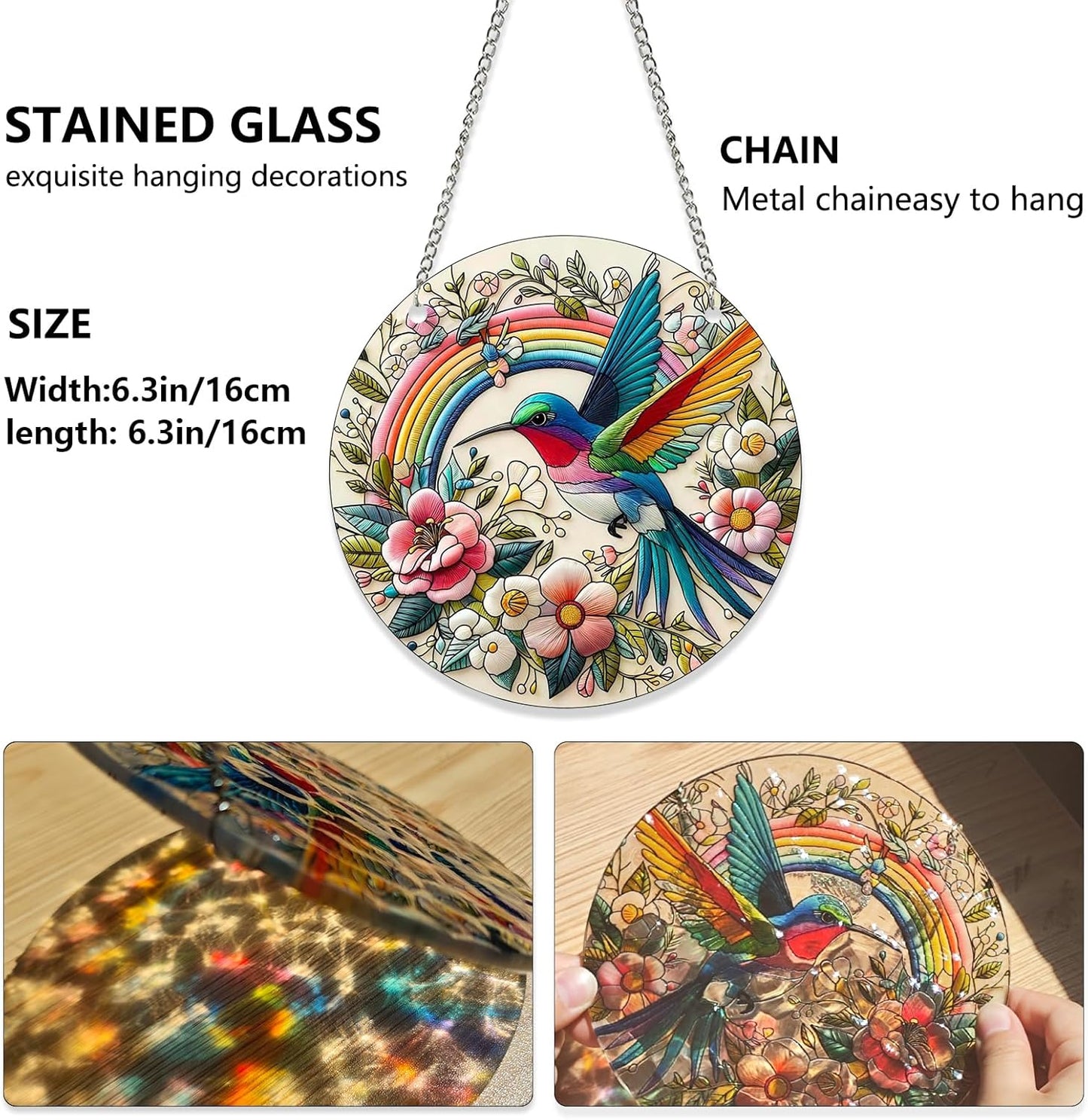 Hummingbird Suncatcher Stained Glass Window Hanging Original Design of Rainbow Hummingbirds Flowers for Sun Catchers Indoor Window Wall Art Home Decor Gift Painted Glass Panel