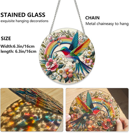 Hummingbird Suncatcher Stained Glass Window Hanging Original Design of Rainbow Hummingbirds Flowers for Sun Catchers Indoor Window Wall Art Home Decor Gift Painted Glass Panel