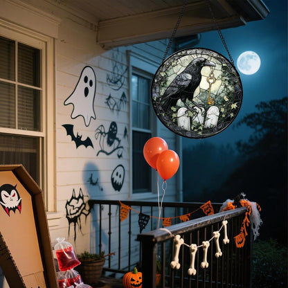 Stained Glass Window Hanging - Halloween Crow White Tombstone Suncatcher for Doors Garden Home Spooky Black Green Sun Catchers Gothic Decor Horror Gift for Women Men Friend Boy Girl 9.8 in