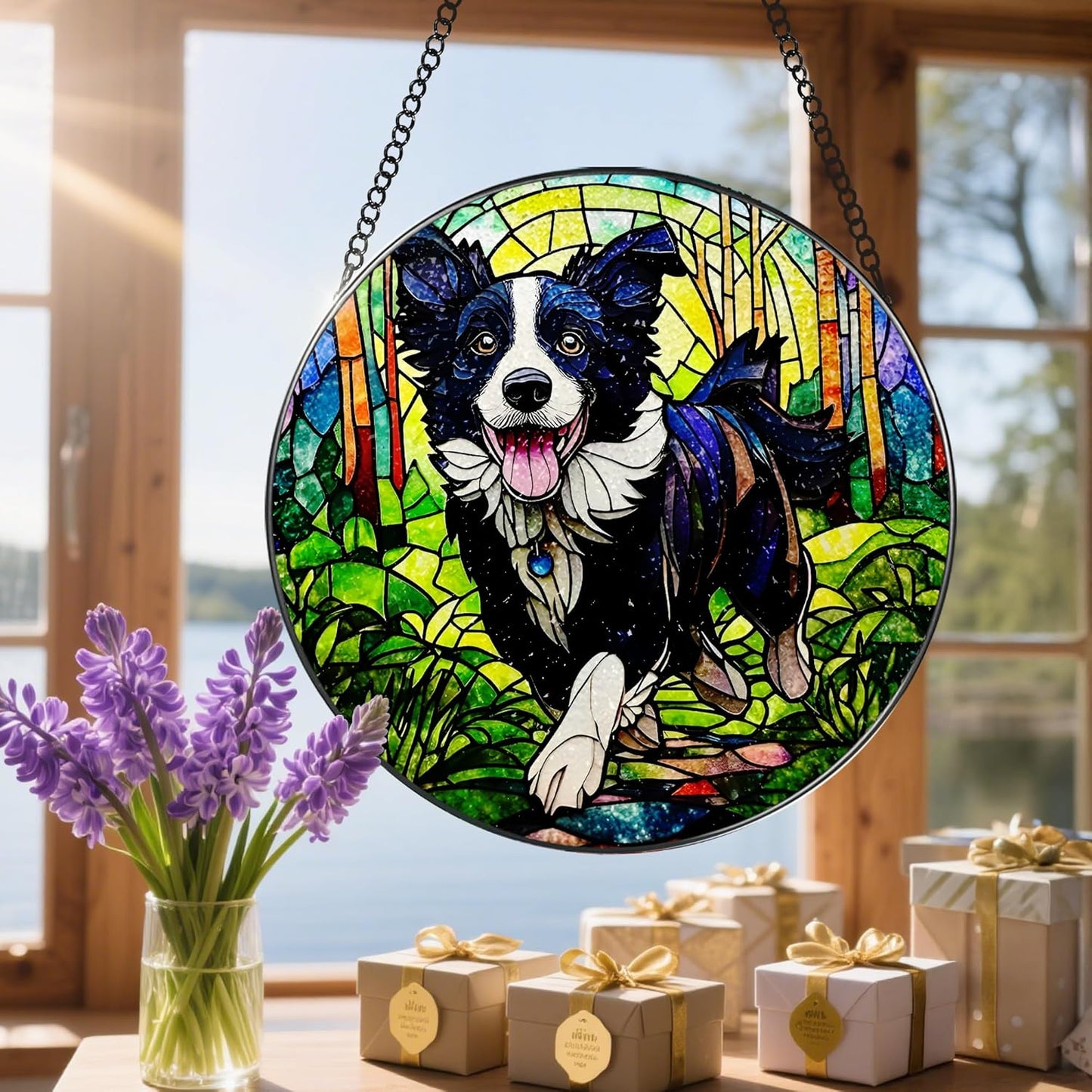 8″ Stained Glass Window Hanging Ornament, Border Collie Stained Glass Suncatcher Ornament, Sun-Catcher Window Decor | Gifts for Dog Lovers, Dog Lover Gift, Pet Lover Gift