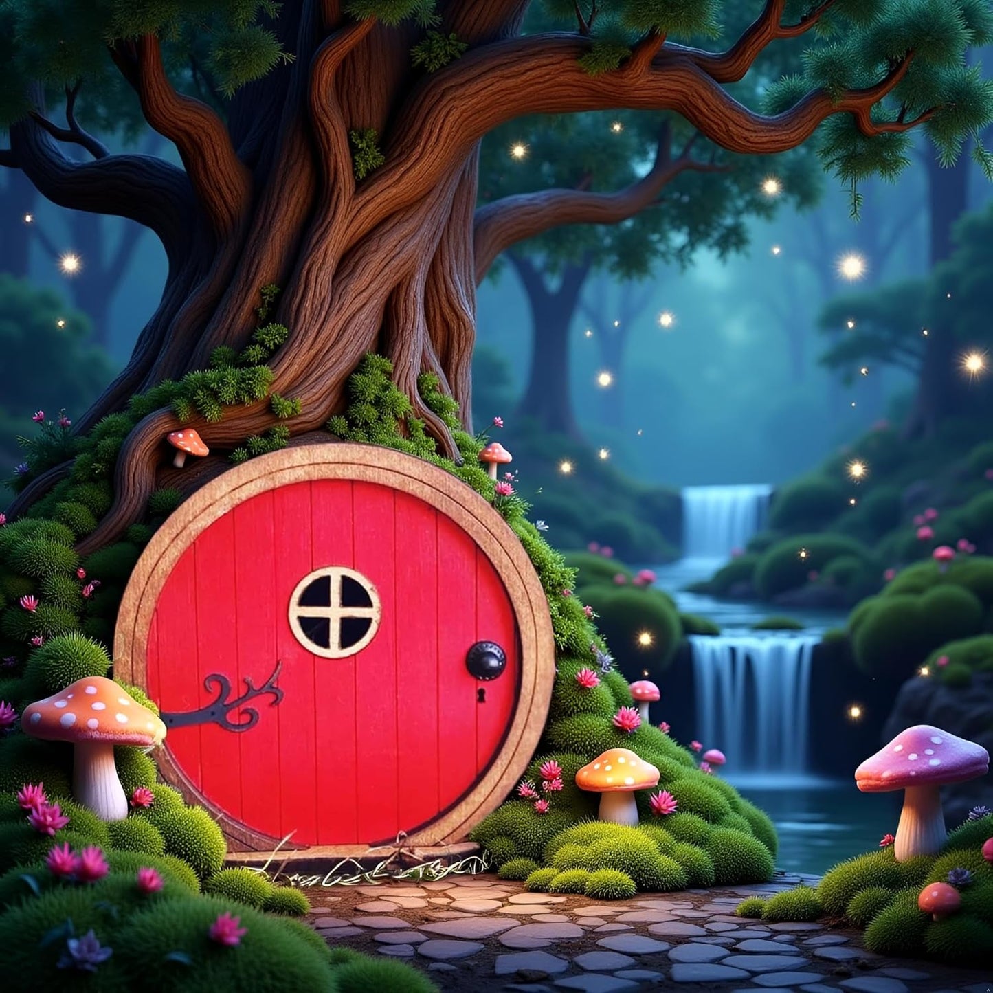 1Pc Red Fairy Garden Door for Tree, Fairy Doors for Trees Outdoor and Tree Trunk, Mini Fairys Gardens Sculpture Lawn Ornament Decor, Fairytales Door Decoration，Garden Miniatures