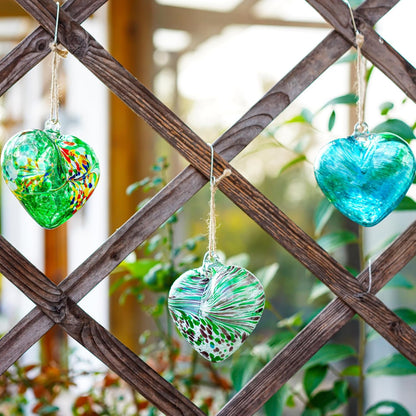 Set of 3 Green Blown Glass Heart Ornaments 4 Inch Hanging Decor for Outdoor Unique Home Garden Patio Decoration for Mom Wife