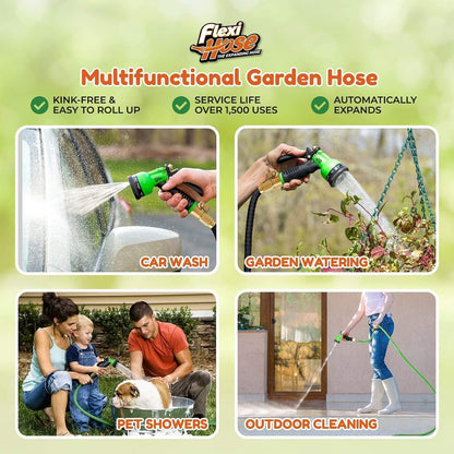 Flexi Hose PLUS with 8 Function Nozzle Expandable Garden Hose, Lightweight & No-Kink Flexible Garden Hose, 3/4 inch Solid Brass Fittings and Double Latex Core, 150 ft Black
