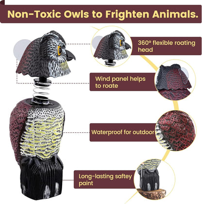 Fake Owl Decoys to Scare Birds Away, Waterproof 360° Rotating Head Hawks & Squirrel Deterrent, Patio Decoration Pest Control, Garden Owl Decoy for Outdoor Yard Patio Pools