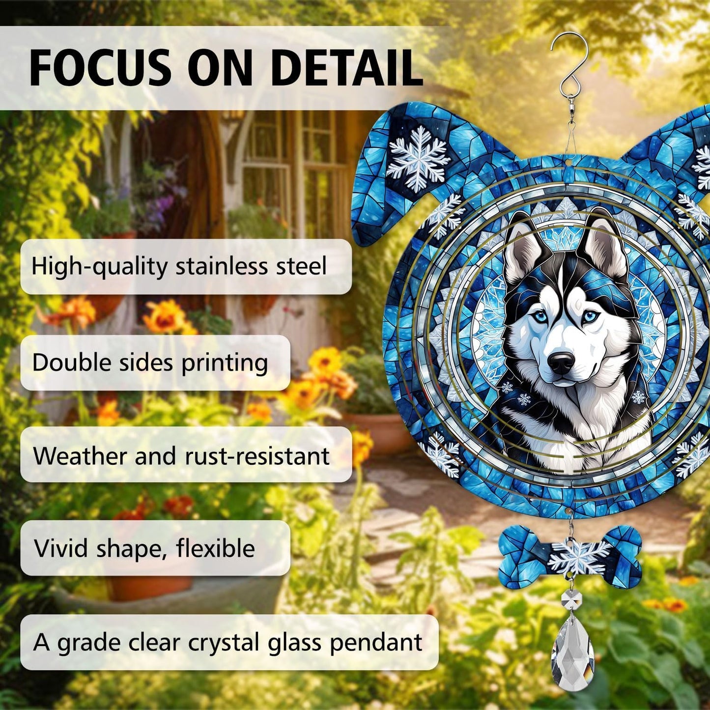 Siberian Husky Dog Ears Wind Spinner, Siberian Husky Wind Spinner Hanging for Yard and Garden V02