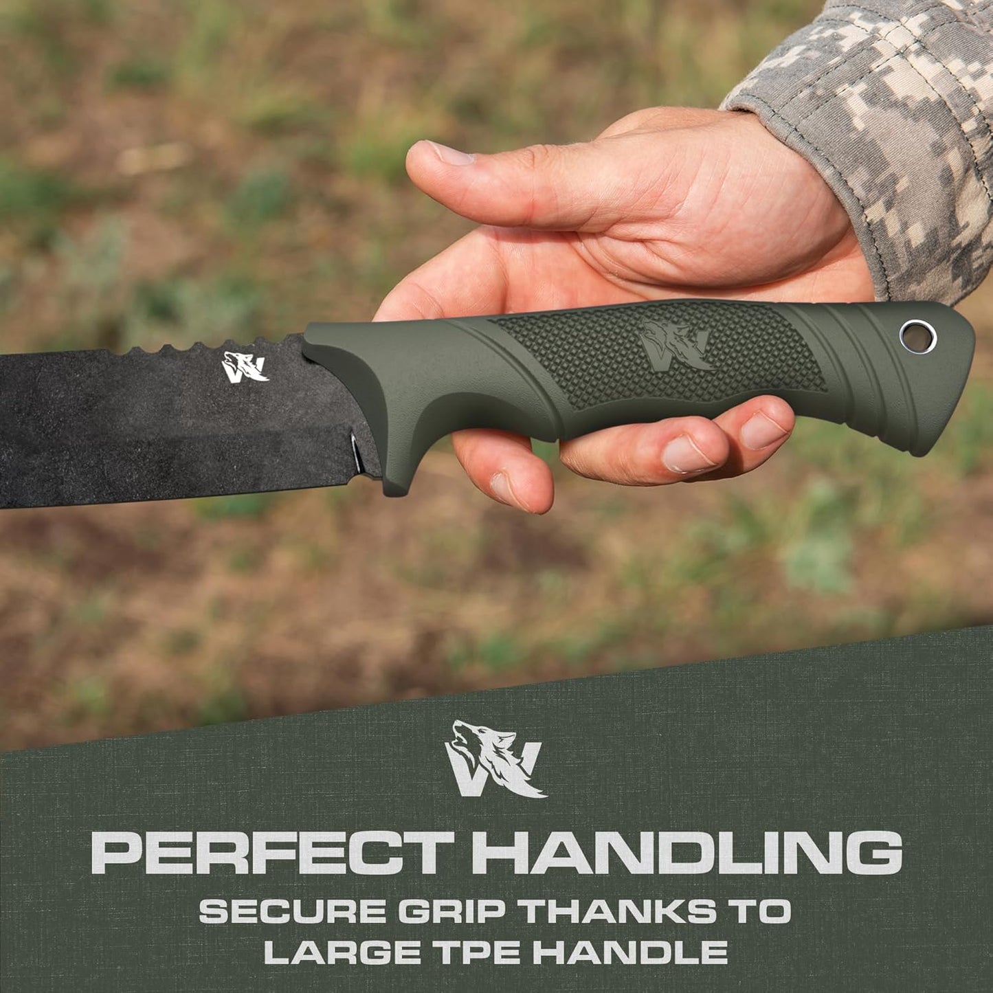 ODENWOLF W Machete - Survival Machete Full Tang with Sheath - Strong D2 Steel Knife Machete for Cutting Trees, for Yard Work, and for Bushcrafting and Big Tactical Knife with TPE-Handle