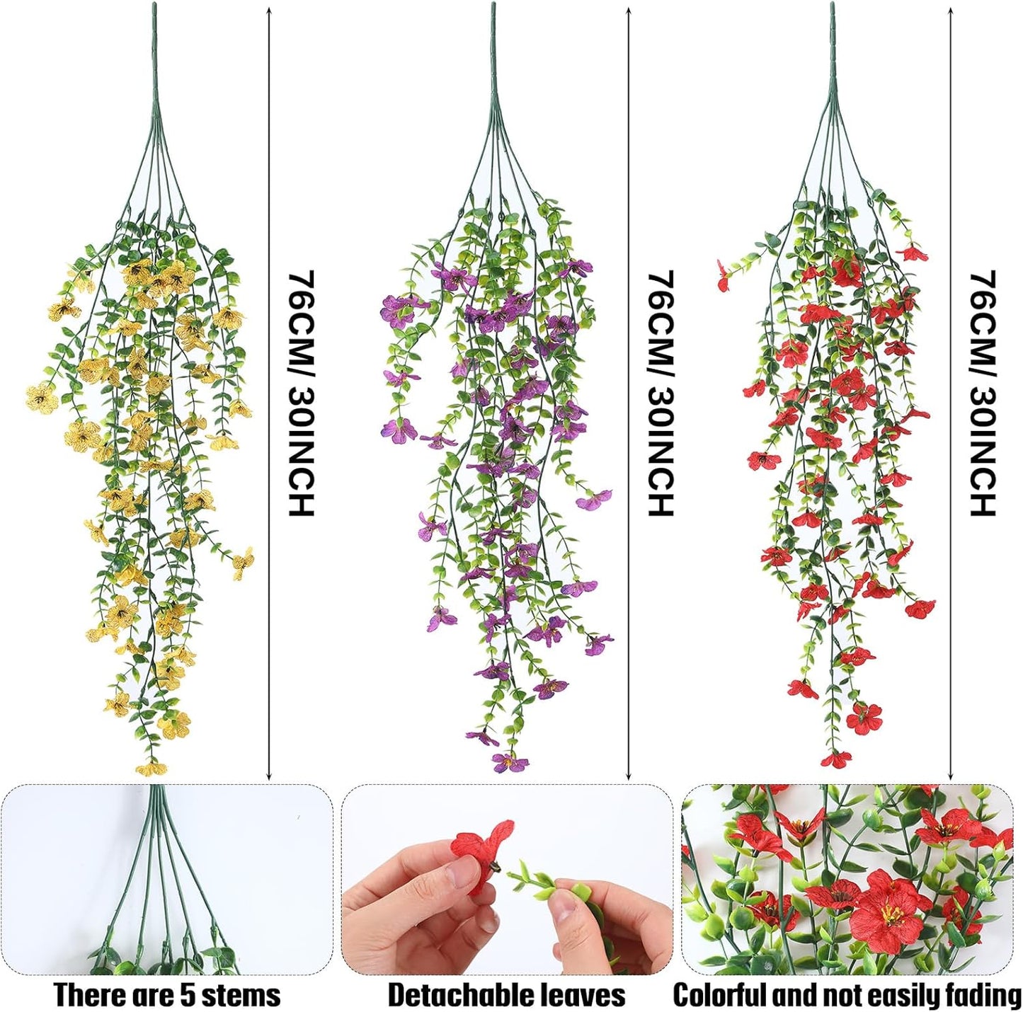 6 Pcs Artificial Fall Hanging Flowers Outdoor Silk Mum Plants Autumn Decor Faux Violet with Eucalyptus Realistic UV Resistant Trailing Vine Thanksgiving Porch Yard(Classic Color,Violet)