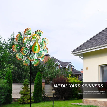 Outdoor Peacock Wind Spinners Featuring Glittering Gem Decor, 13.5" D x 65" H Kinetic Wind Sculptures, 360° Rotatable Metal Garden Wind Spinners for Yard and Outdoor Decor (Green)
