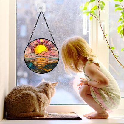 Stained Glass Window Hanging, Sunrise Over The Sea Suncatcher Diamond Glass Panel Hangings Abstract Sun Catchers Decor for Birthday for Women, Men, Wife, Aunt, and Mom 6.3 in