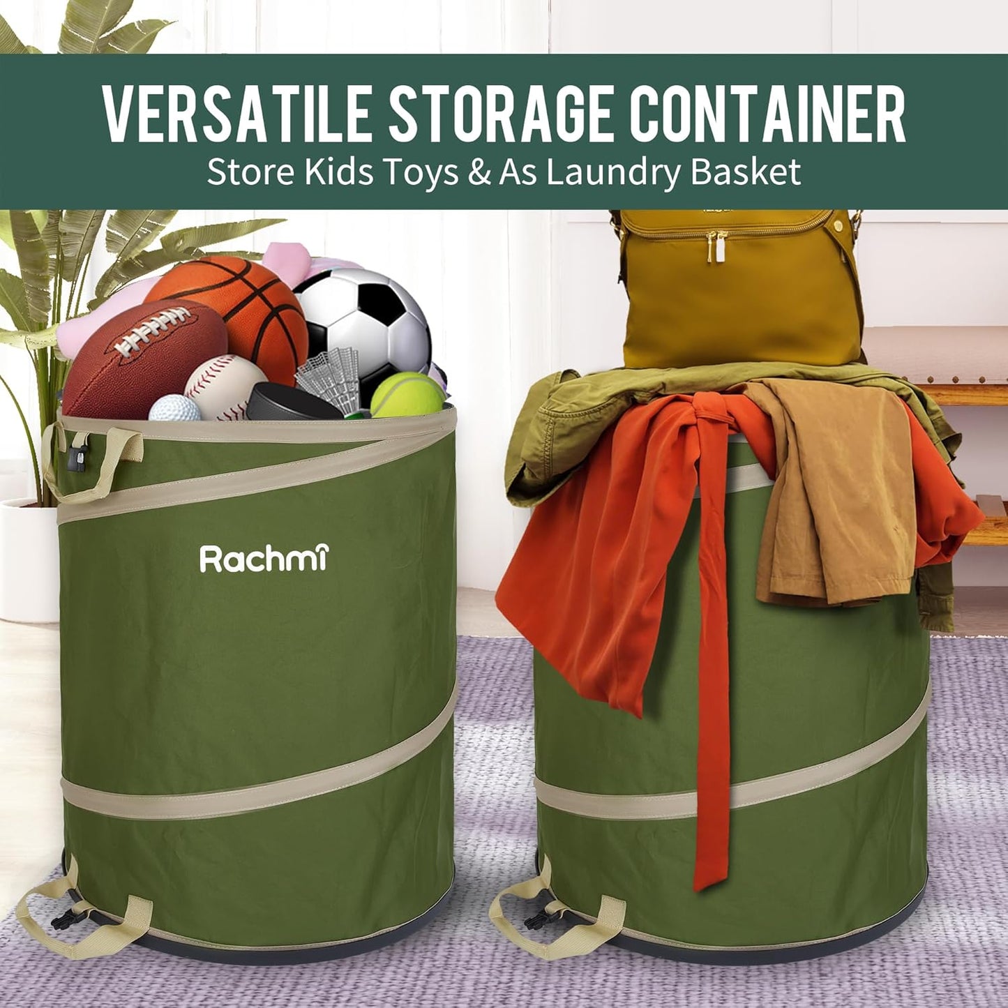Rachmi 47 Gallon Collapsible Trash Can 2-Pack with Hard Bottom | Extra Large Reusable Yard Leaf Waste Bag Outdoor Pop Up Recycle Bin for Camping, Green