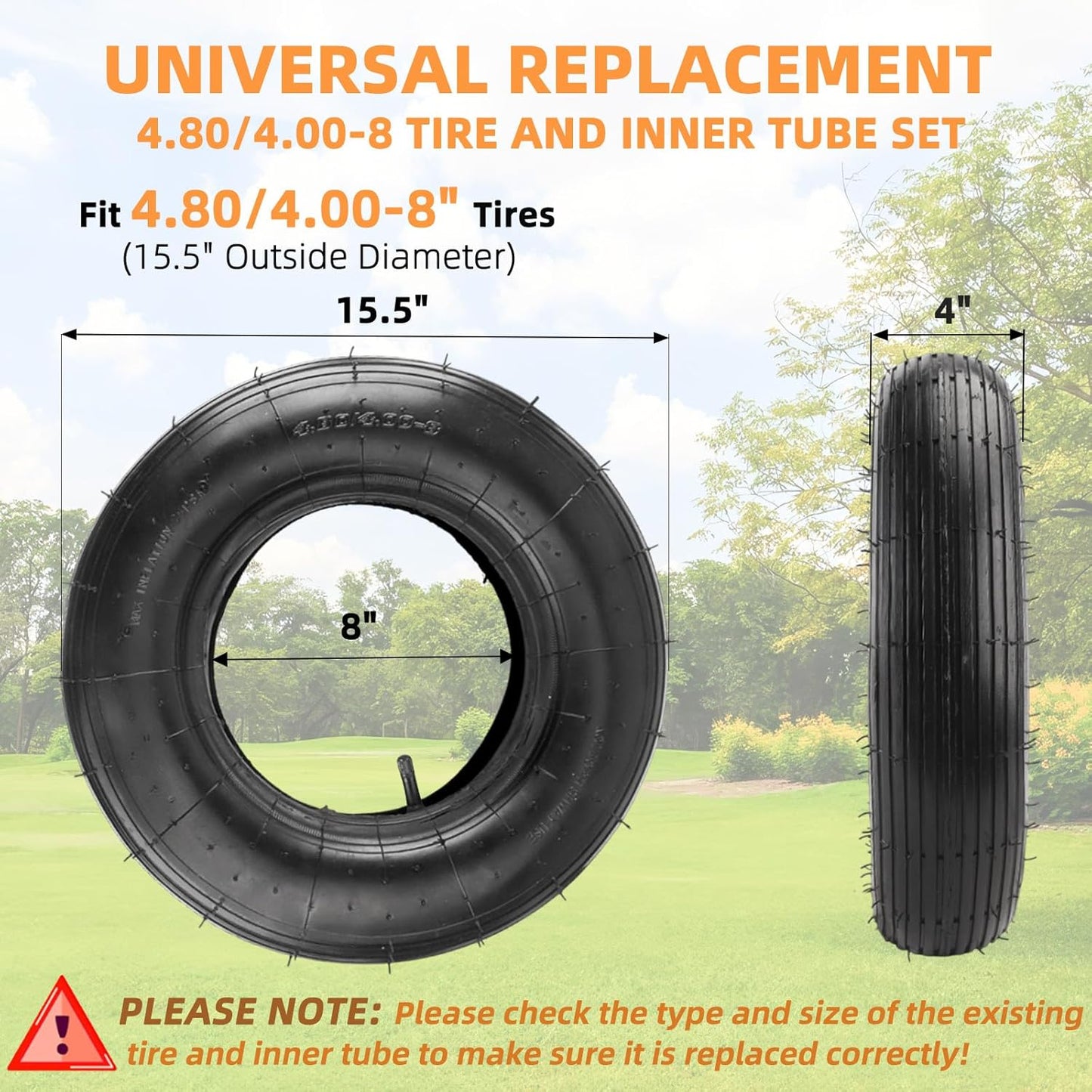 (1-Set) RRQ 4.80/4.00-8" Tire and Inner Tube Set, Universal Replacement Pneumatic Tires, Fits 15.5-inch wheels, TR-13 Straight Valve Stem, for Wheelbarrows, Dollies, Trolleys, Garden Carts and More