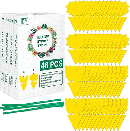 LULUCATCH Fruit Fly Sticky Trap 48 Pack, Safe Gnat Traps for Fruits, Plants, Super Sticky Fly Trap for Indoor, Outdoor, Kitchen, Insect Catcher for White Flies, Mosquitos, Fungus Gnats, Flying Insects