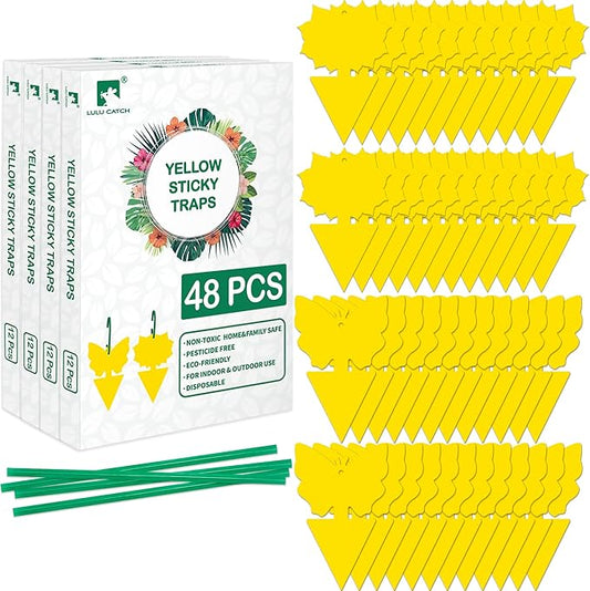 LULUCATCH Fruit Fly Sticky Trap 48 Pack, Safe Gnat Traps for Fruits, Plants, Super Sticky Fly Trap for Indoor, Outdoor, Kitchen, Insect Catcher for White Flies, Mosquitos, Fungus Gnats, Flying Insects