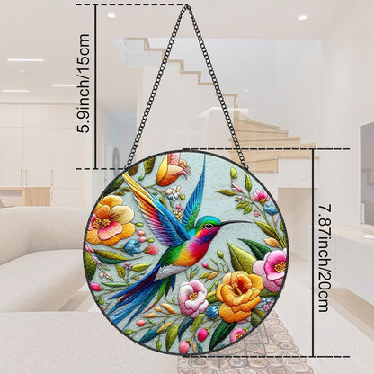 Hummingbird Suncatcher Stained Glass Window Hanging Design of 7.8''Hummingbirds Flowers for Sun Catchers Indoor Window Wall Art Home Decor Gift Painted Glass Panel