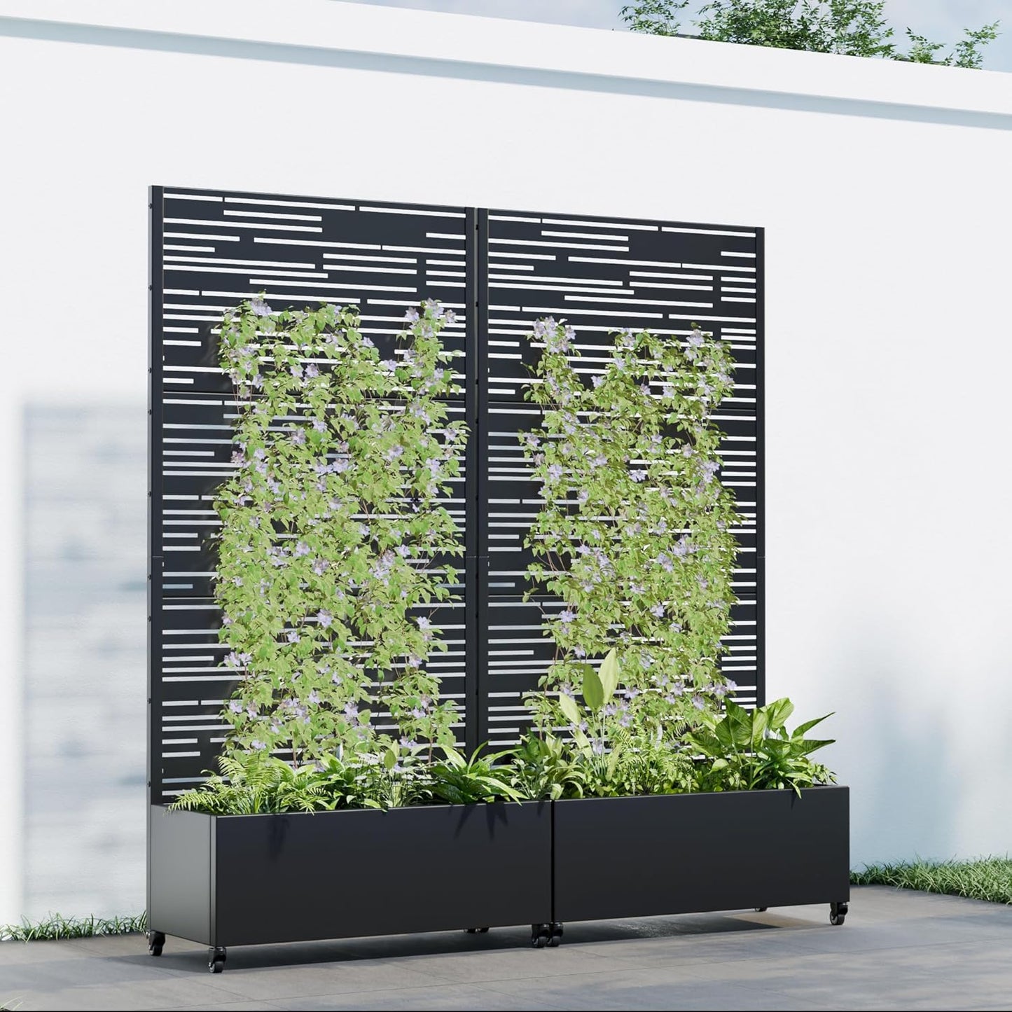 Casaphoria 72"x35" Metal Raised Garden Bed with Trellis(2 Pack), Outdoor Planter Box with Wheels & Drainage Holes for Climbing Plants, Flowers, Elevated Garden Kit with Privacy Screen, Black-Shine