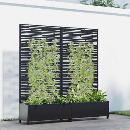 Casaphoria 72"x35" Metal Raised Garden Bed with Trellis(2 Pack), Outdoor Planter Box with Wheels & Drainage Holes for Climbing Plants, Flowers, Elevated Garden Kit with Privacy Screen, Black-Shine
