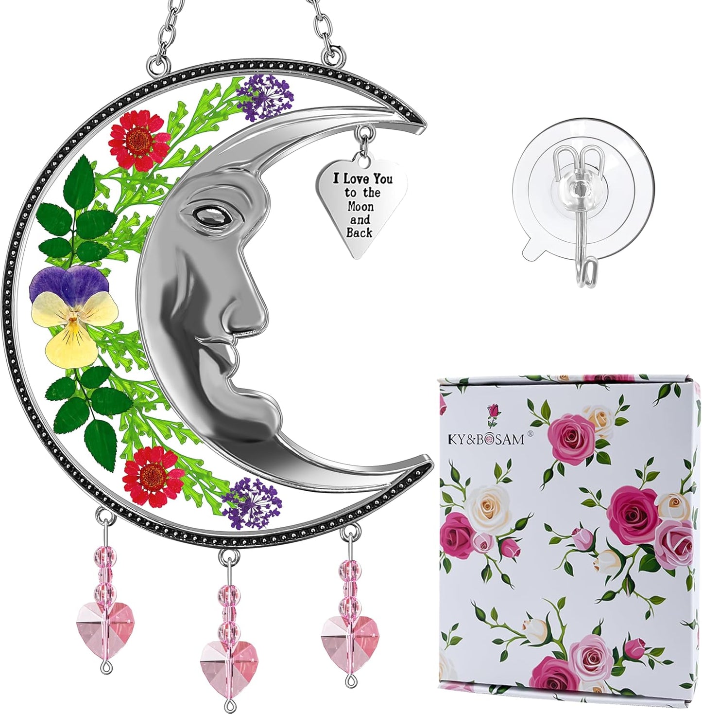 KY&BOSAM Moon Suncatcher Mom Gifts Stained Glass for Windows Hangings Wind Chime Decor with Pressed Real Flower and Metal I Love You to The Moon and Back Heart Charm for Home Christmas Trees Patio