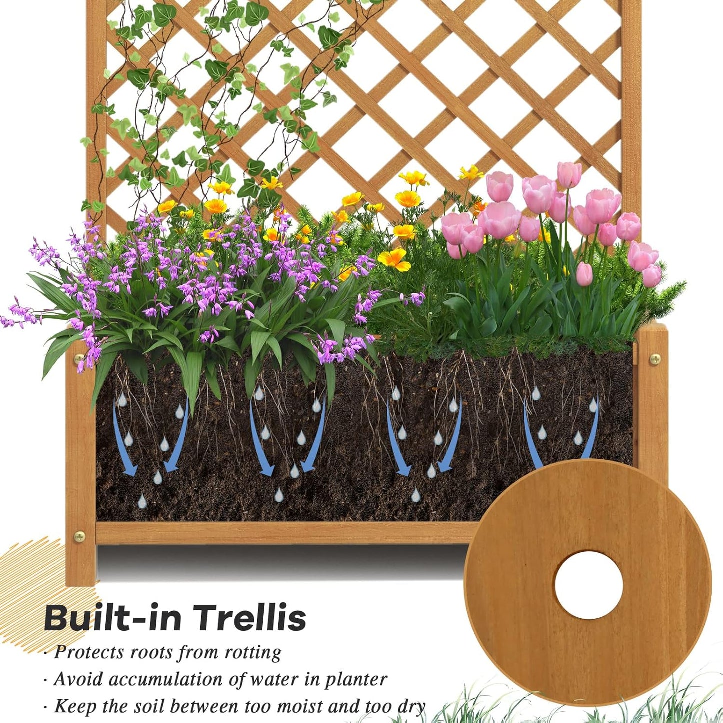 S AFSTAR Raised Garden Bed with Trellis, Indoor & Outdoor Wood Elevated Plant Container with Diamond Shaped Trellis & Drain Hole, Above Ground Garden Bed for Vine Climbing Plants
