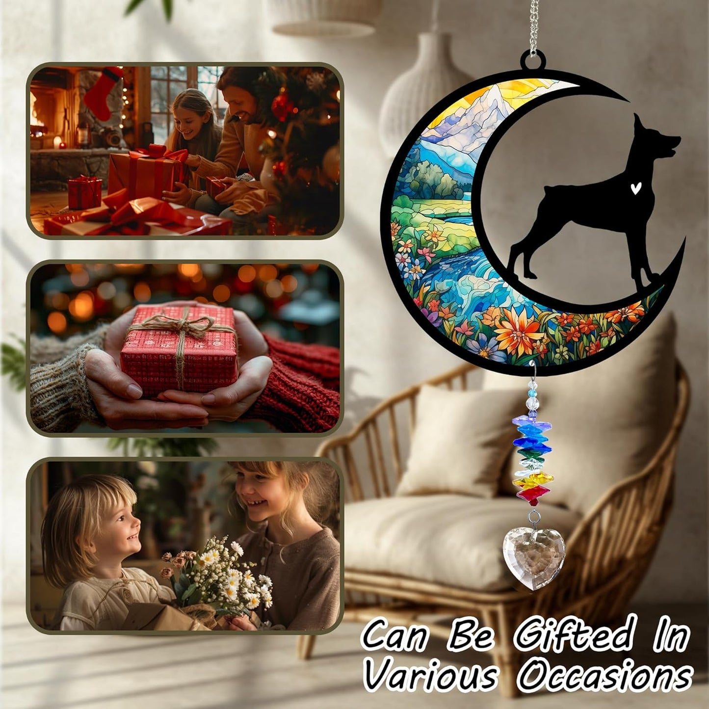Doberman Suncatcher, Personalized Pet Loss Gift with Name & Date, Heart-Shaped Crystal Sun Catcher, Dog Remembrance Sympathy Rainbow Maker for Window & Garden