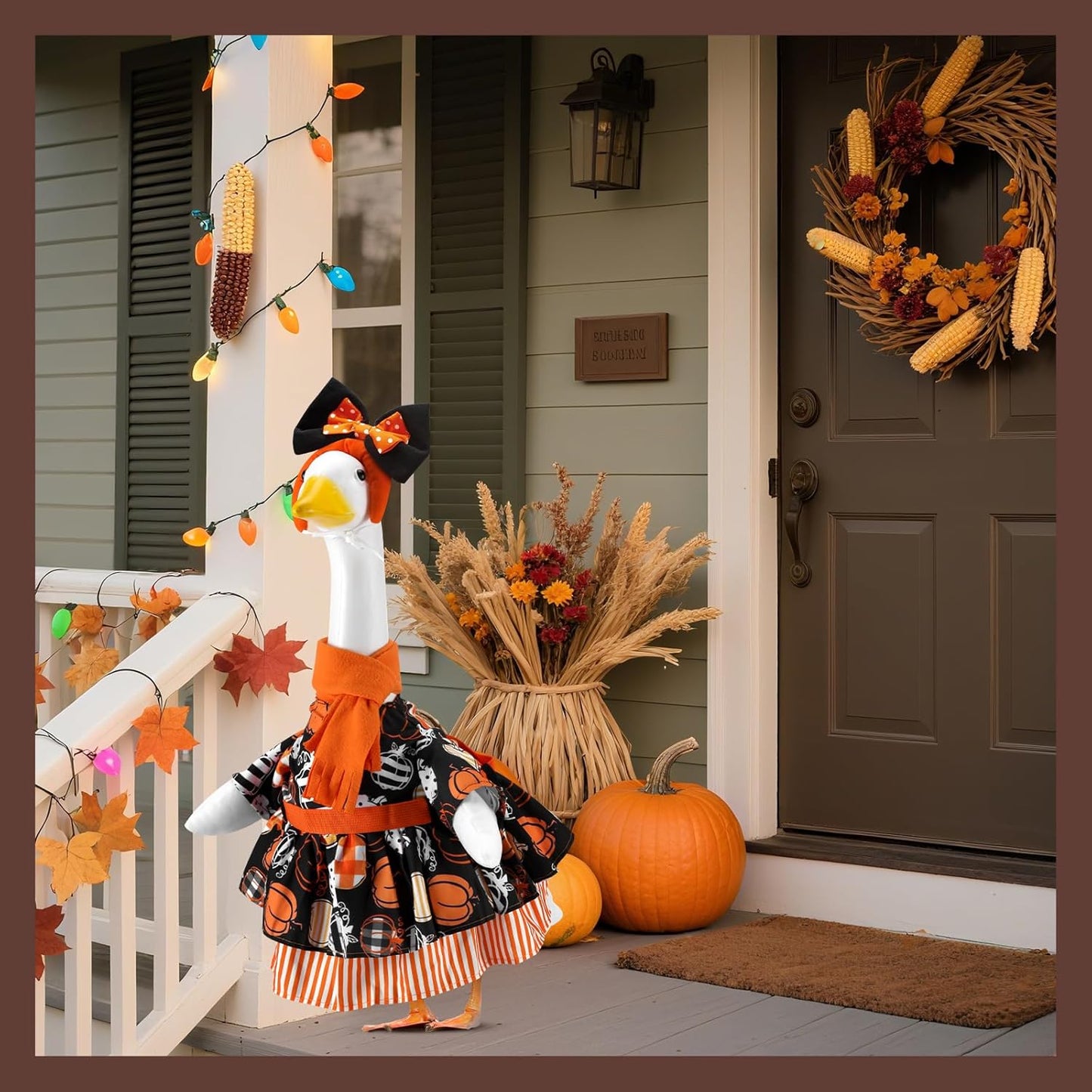 Thanksgiving Gingham Pumpkins Porch Goose Outfits for 23 Inch Lawn Statue, Fall Costume for Plastic/Cement Statue, Harvest Autumn Duck Sculpture Clothes for Yard Patio Party Decoration