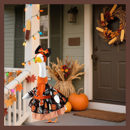 Thanksgiving Gingham Pumpkins Porch Goose Outfits for 23 Inch Lawn Statue, Fall Costume for Plastic/Cement Statue, Harvest Autumn Duck Sculpture Clothes for Yard Patio Party Decoration