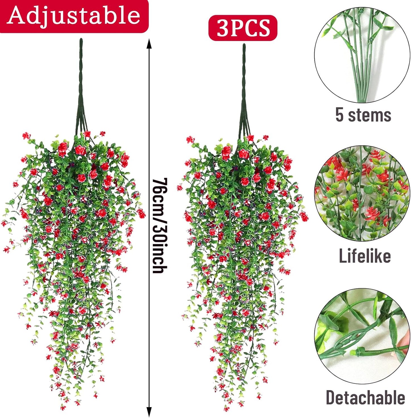 Artificial Hanging Flowers, 3 Pcs Fake Hanging Plants Artificial Vines for Outdoors, Fake Ivy Vine UV Resistant No Fade Faux Plants for Indoor Outside Garden Patio Yard Greenery Decoration (Red)