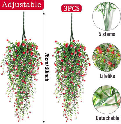 Artificial Hanging Flowers, 3 Pcs Fake Hanging Plants Artificial Vines for Outdoors, Fake Ivy Vine UV Resistant No Fade Faux Plants for Indoor Outside Garden Patio Yard Greenery Decoration (Dark Red)