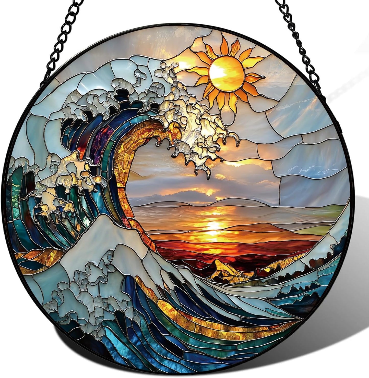 The Ocean Waves and The Sunrise Suncatcher -7.9 in Stained Glass Window Hanging Sun Catcher Garden Decor