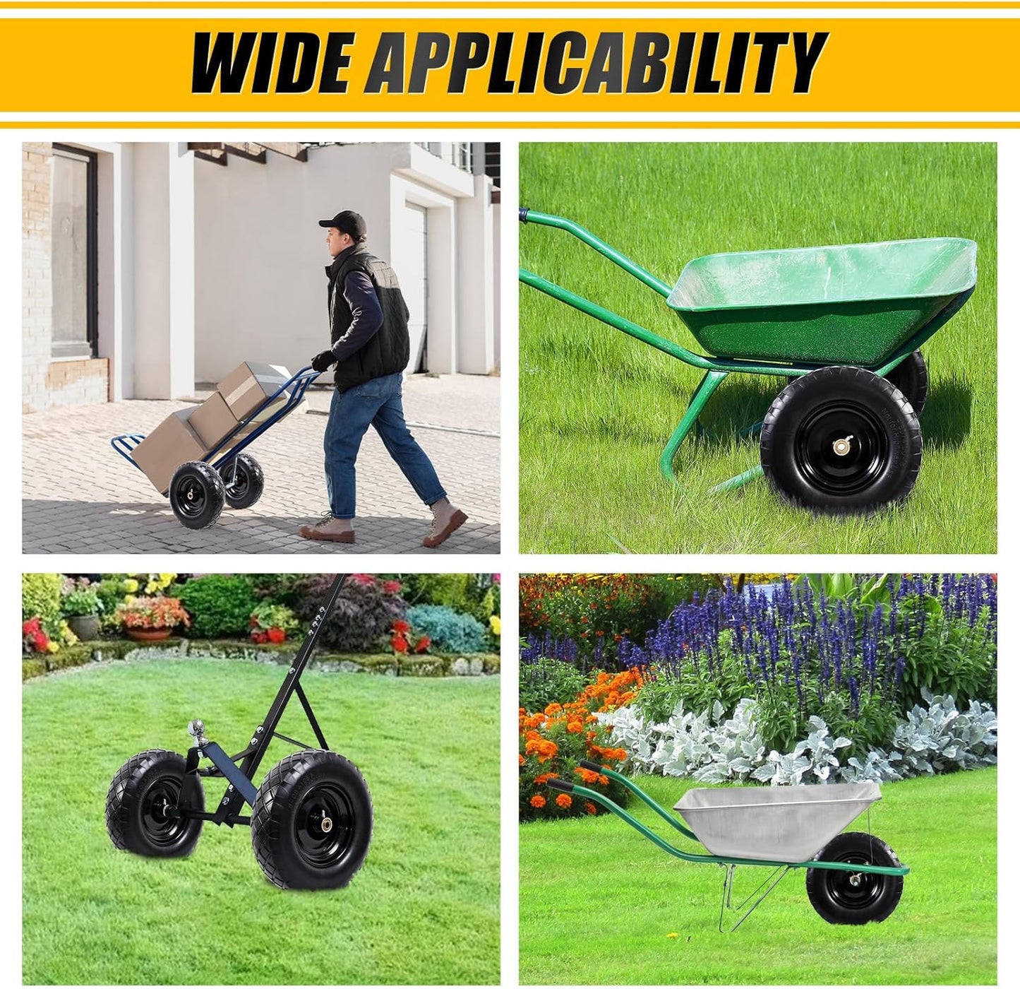 MZREXN 4.80/4.00-8" Flat Free Tire and Wheel, 16" Universal Solid Wheelbarrow Tires, with 5/8" & 3/4" Bearings, 3" Centered Hub for Hand Truck Garden Trailers Utility Cart Yard Wagon (2-PACK, Black)