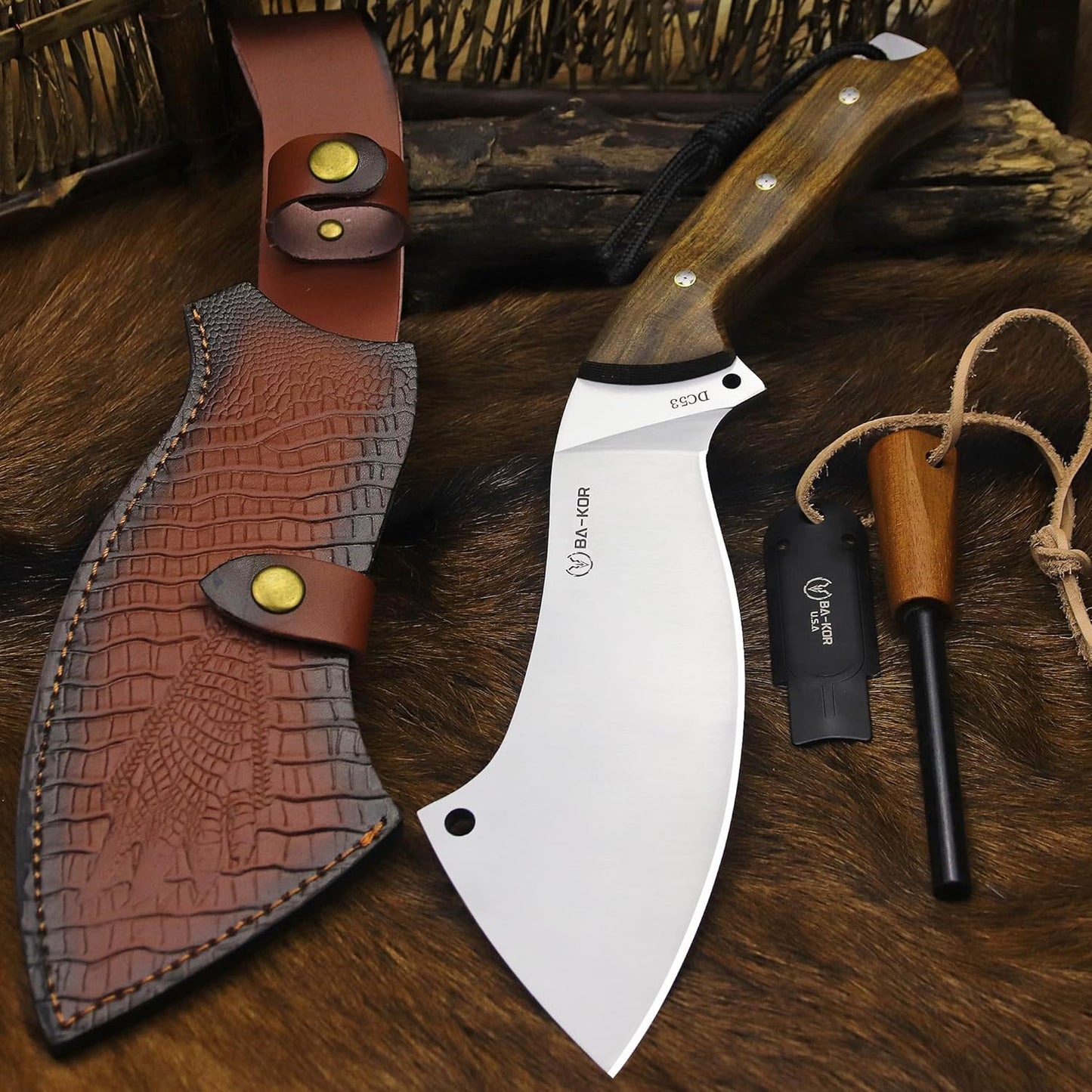 BA-KOR USA (Savior III) 8mmDC53 steel 35CM (14 ") full Tang fixed knife with leather sheath and (5.9 ") ceria ignition head, suitable for outdoor hunting, camping, clearing, adventure, fishing, EDC, BBQ (BA-K0d(8mm))