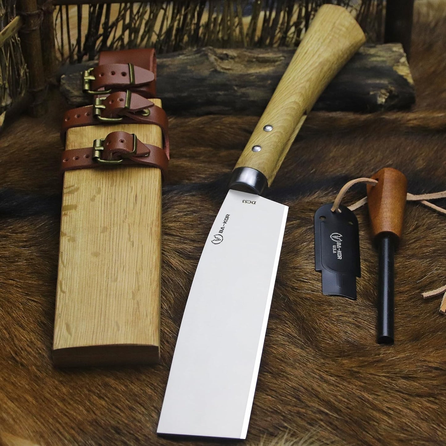 BA-KOR (Pioneer ) (15") DC53 steel 6mm thickened full Tang fixed knife+ Wooden sheath &(5.9IN) Cerium Igniter, suitable for outdoor hunting, cutting, chopping, camping, obstacle removal, exploration, fishing, EDC, BBQ (Mirror Light Edition)
