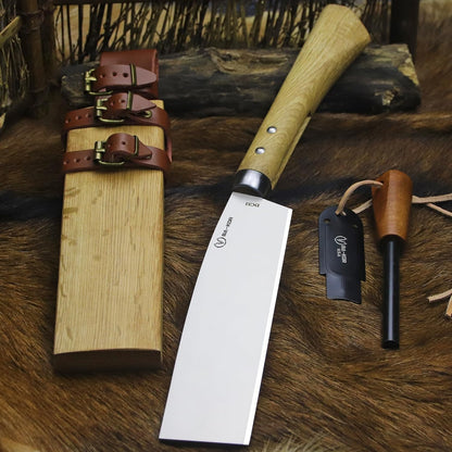 BA-KOR (Pioneer ) (15") DC53 steel 6mm thickened full Tang fixed knife+ Wooden sheath &(5.9IN) Cerium Igniter, suitable for outdoor hunting, cutting, chopping, camping, obstacle removal, exploration, fishing, EDC, BBQ (Mirror Light Edition)