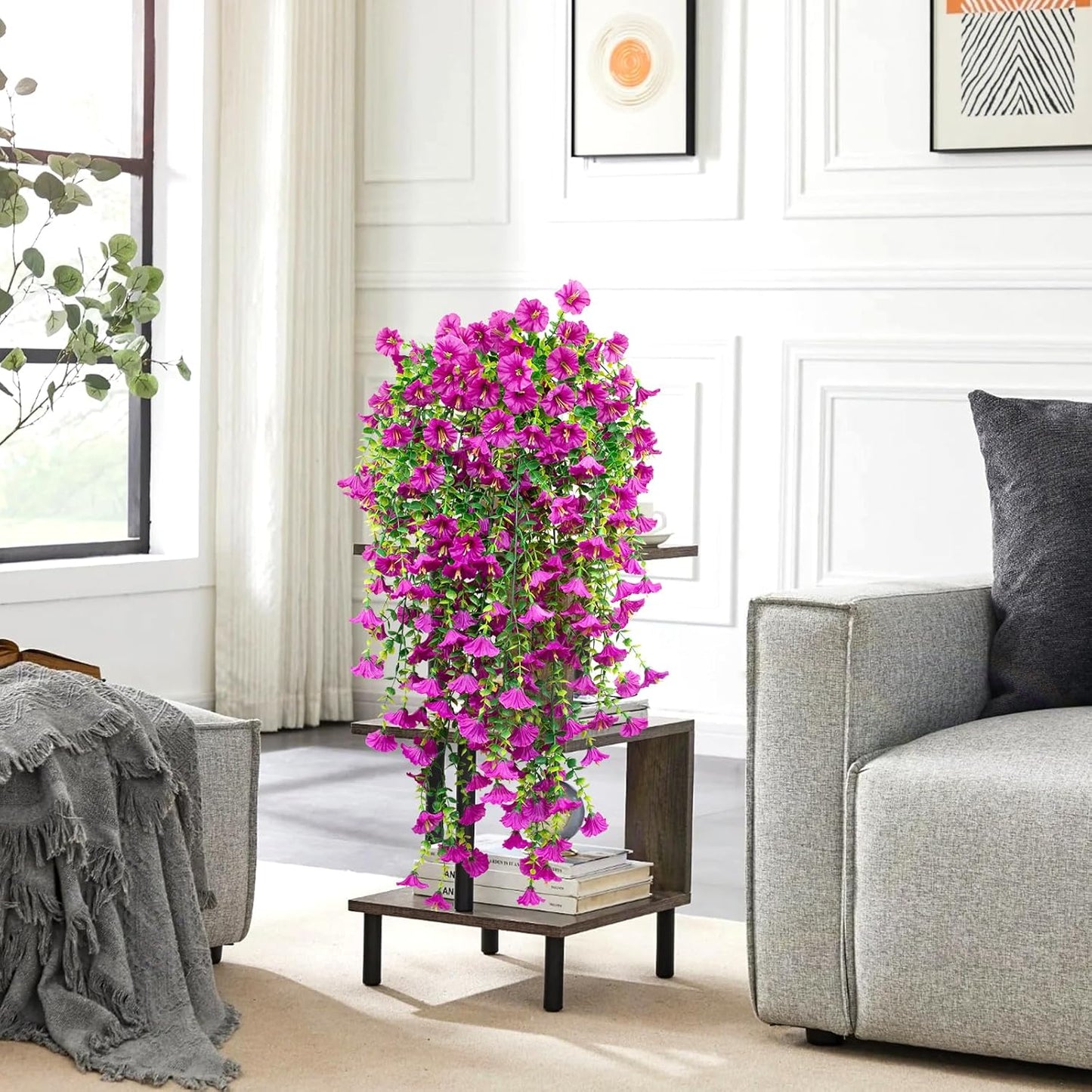 4 Pack Artificial Faux Hanging Flowers Plant for Outdoor, Fake Silk Morning Glory with Eucalyptus UV Resistant Realistic Trailing Vine for Wall Home Porch Patio Balcony Yard Indoor Decor, Rose Red