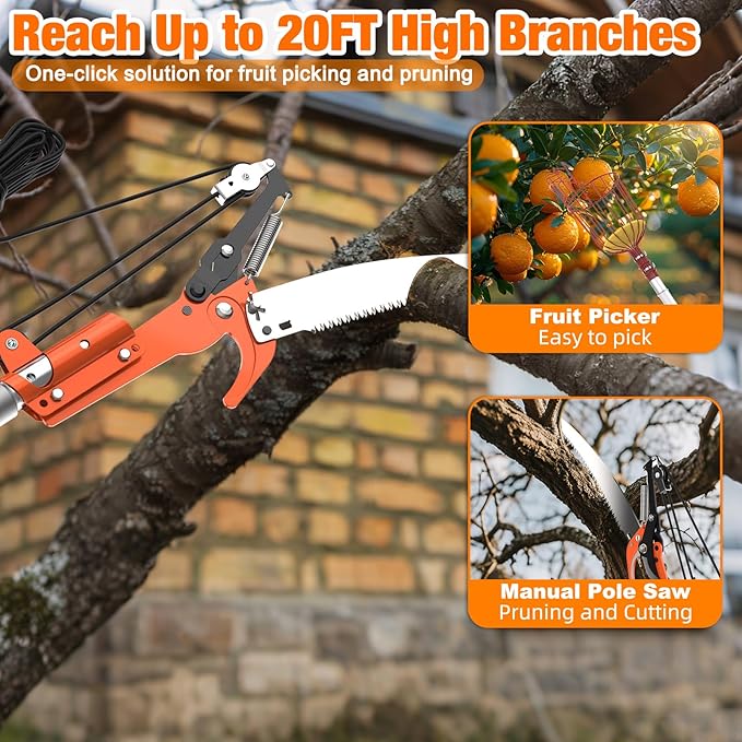 20FT Tree Trimmer, Manual Pole Saw with 3-12FT Extension Pole, Fruit Picker for Orange Lemon Mango Avocado Guava Fruit Picking