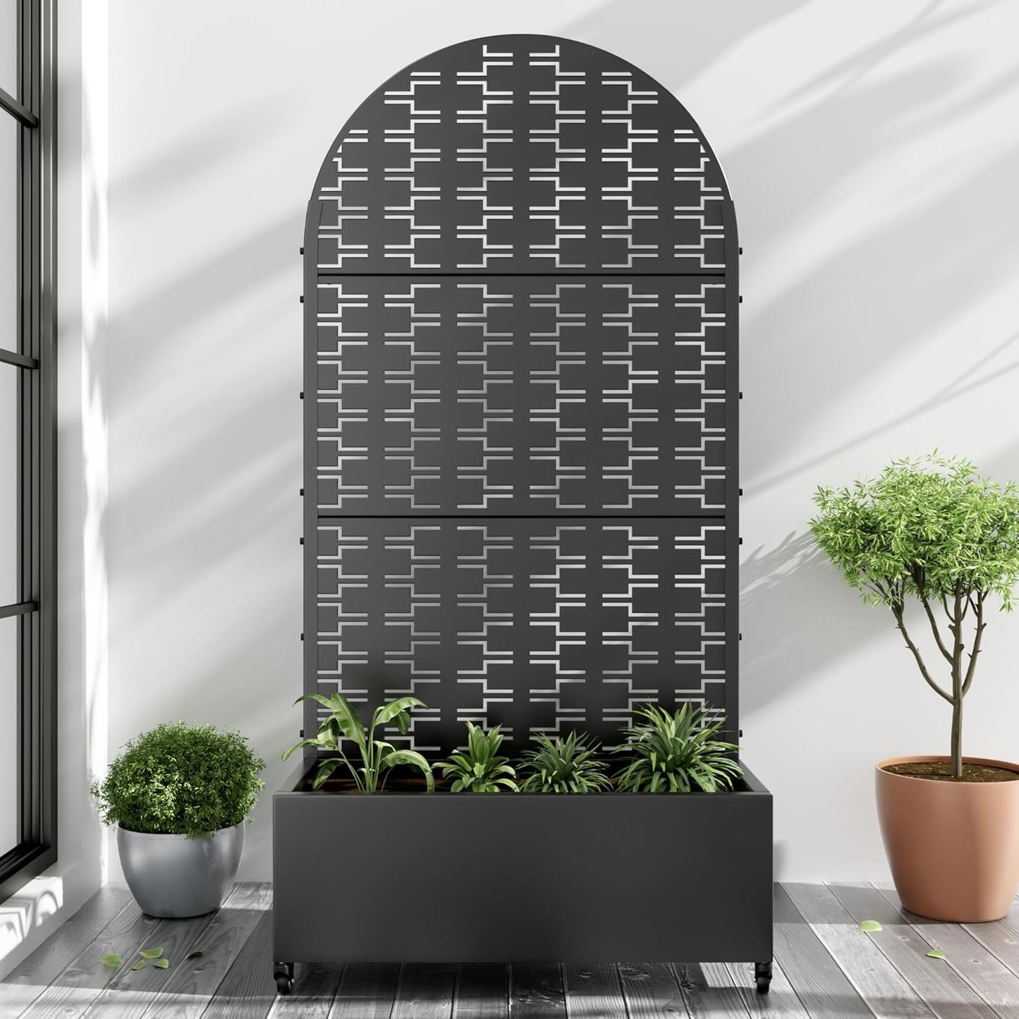Casaphoria Metal Raised Garden Bed with Trellis and Wheels, 72"x35"x16" Arched Planter Box for Climbing Plants, Vegetables & Vines, Features Drainage Holes and Privacy Screen (Black-Square)