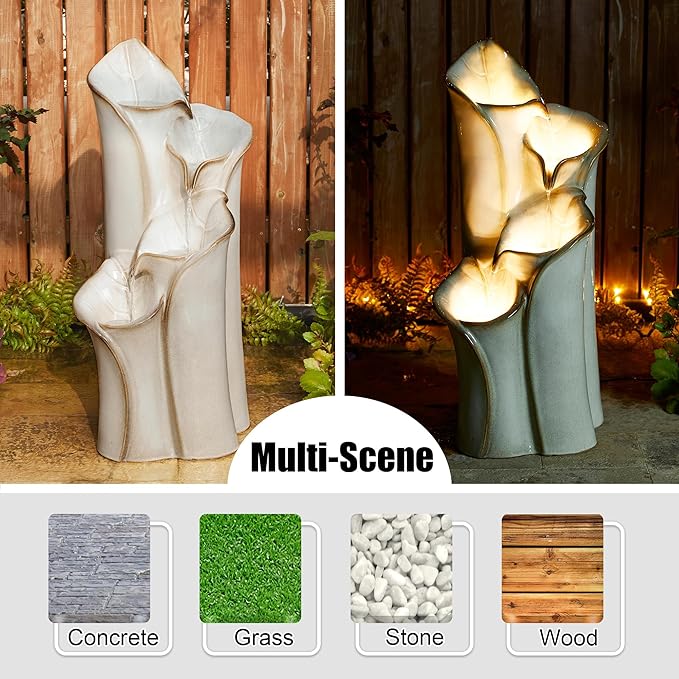 Glitzhome 31.25" H Outdoor Water Fountain with LED Lights and Pump, 4 Tier Sand Beige Lotus Leaf Textured Ceramic Floor Standing Fountain, Vase Waterfall Fountains for Porch Deck Garden Patio Backyard
